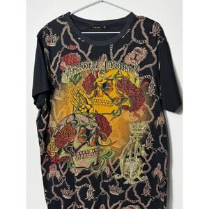 Vtg Christian Audigier Skulls Roses Tee XL Rhinestone Tattoo All Over Print